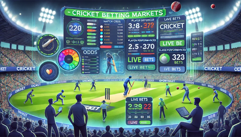 Cricket betting markets displayed in a vibrant digital sportsbook interface for Damanbet sports betting. The image showcases live betting odds, player performance stats, and various cricket match betting options in a stadium setting. Bettors are shown interacting with the platform, analyzing data, and placing bets, creating an energetic and engaging betting environment.