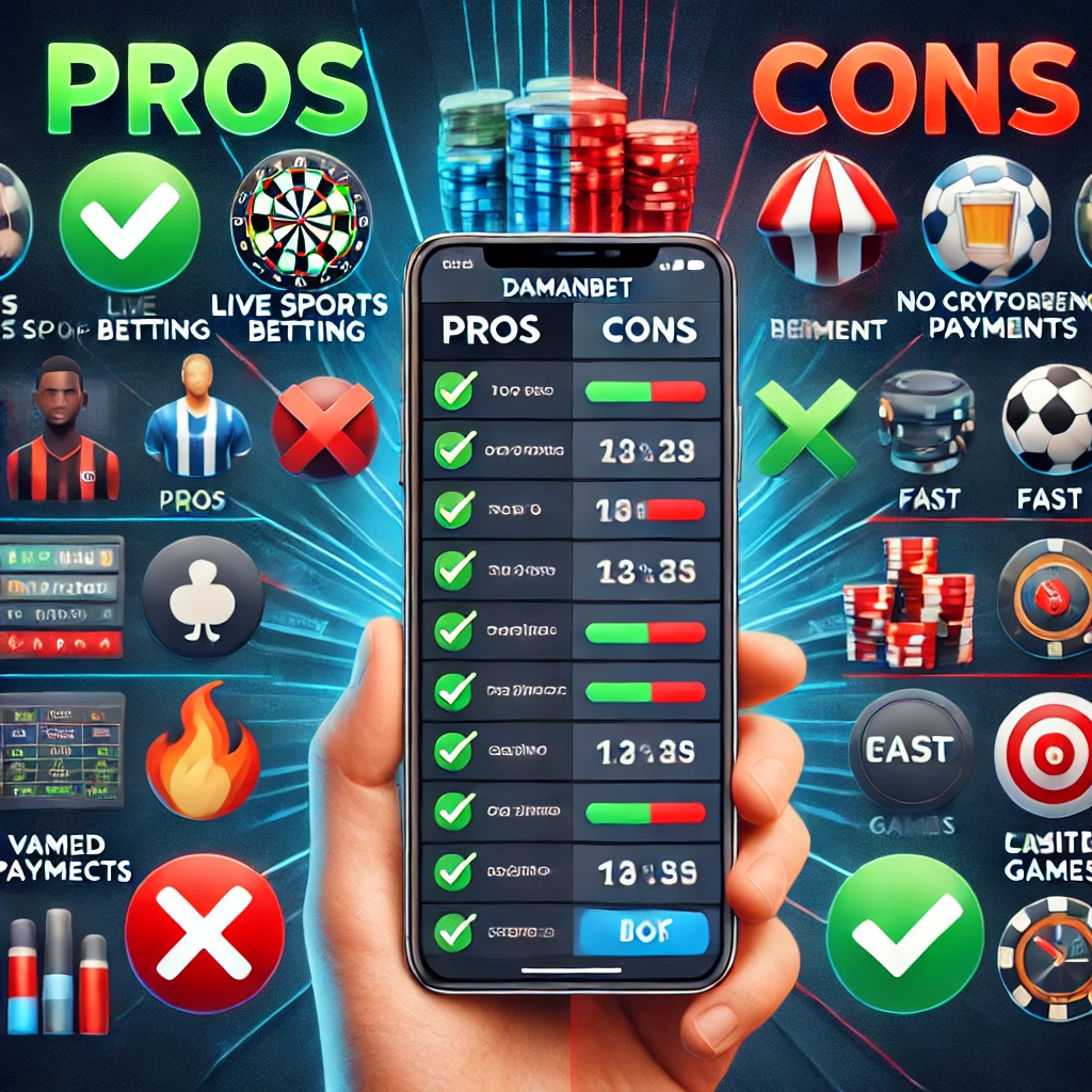 Here is the image showing the pros and cons of the Damanbet app, featuring live sports betting, mobile-friendly design, fast performance, and various betting markets as pros, while highlighting the lack of cryptocurrency payment options and limited casino games as cons. Let me know if you'd like any adjustments!