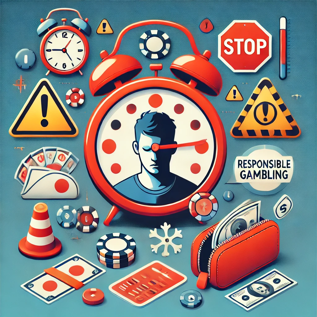 "New player neglecting responsible gambling practices" – A visual shows a new player overwhelmed by gambling, surrounded by an alarm clock, warning signs, and caution symbols. Key elements include reminders for responsible gambling such as setting limits, managing time, and maintaining control over finances. The image emphasizes the importance of responsible habits for new players to avoid gambling-related issues.