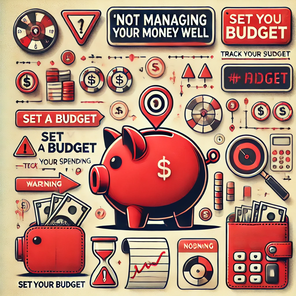 New player struggling with financial management in gambling" – A visual representation featuring a broken piggy bank, empty wallet, and caution signs. The image emphasizes poor money management with phrases like "Set a Budget" and "Track Your Spending," aimed at helping new players avoid overspending and maintain control of their bankroll while gambling.