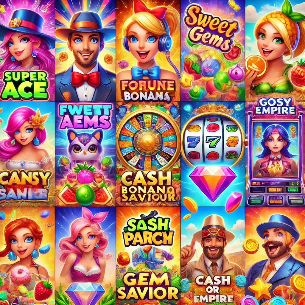 A vibrant grid of slot game icons featuring colorful characters, gems, and fruits. Each slot game has a unique theme, such as a magician, fortune teller, and jewel collector, with titles like "Super Ace," "Sweet Gems," and "Gem Savior." Bright, playful designs showcase a variety of slot reels, symbols, and game characters, creating an engaging and visually appealing selection of slot games.