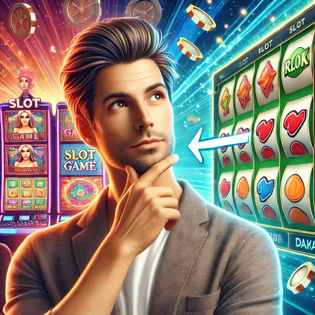 A person thoughtfully selecting a slot game from a colorful digital interface. The background features vibrant slot machines with various game icons and reels, showcasing symbols like hearts and gems. Bright casino elements such as coins and lights highlight the excitement of choosing a slot game. The person, with a hand on their chin, appears to be making a decision about which slot game to play.