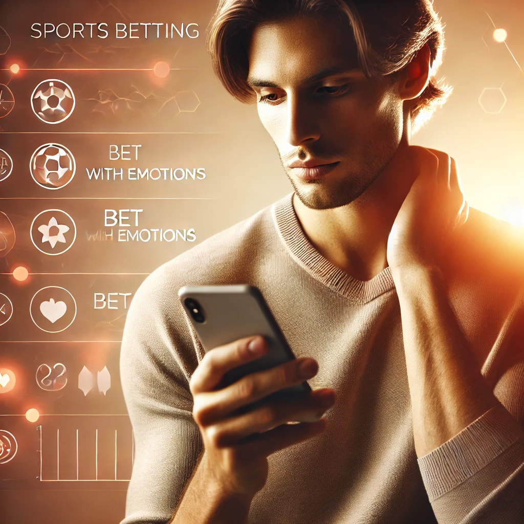 A man is calmly focused on his smartphone, appearing to be using a sports betting app. The background features sports icons and text saying "Bet with Emotions," with a warm, composed atmosphere. The overall mood suggests responsible and thoughtful betting. This image conveys the message of staying in control while using the DamanBet app for sports betting.