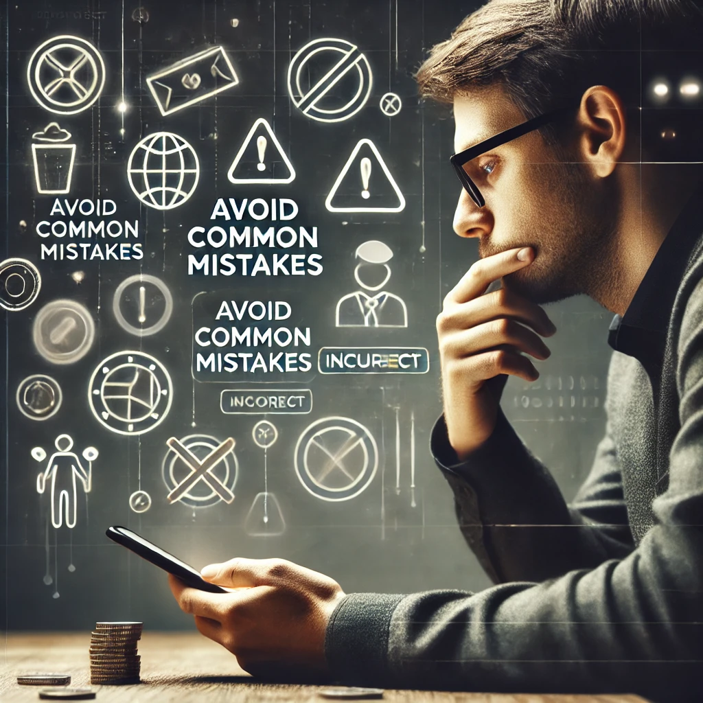 A man analyzing cricket betting strategies on his smartphone, surrounded by caution symbols and text that says 'Avoid Common Mistakes.' The image highlights careful decision-making in cricket betting, with a focus on avoiding common pitfalls in the sport.