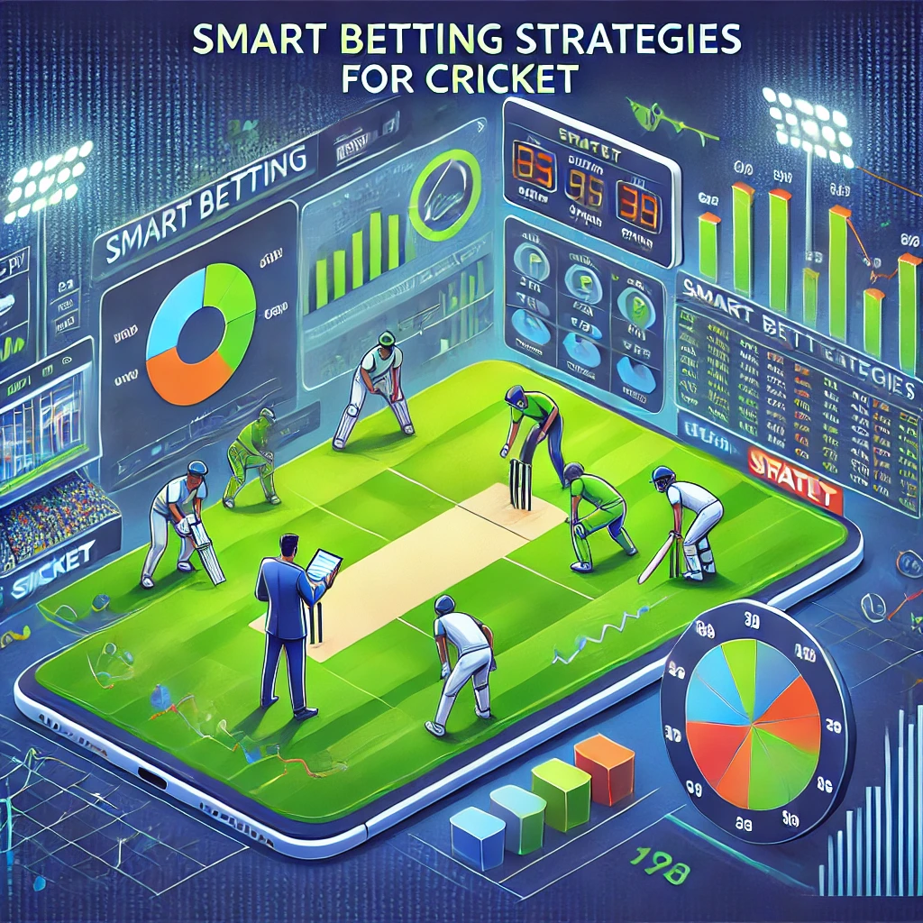 Here is the image representing Smart Betting Strategies for Cricket, designed with key elements such as a cricket field, players, odds, and data analysis to symbolize strategic betting.