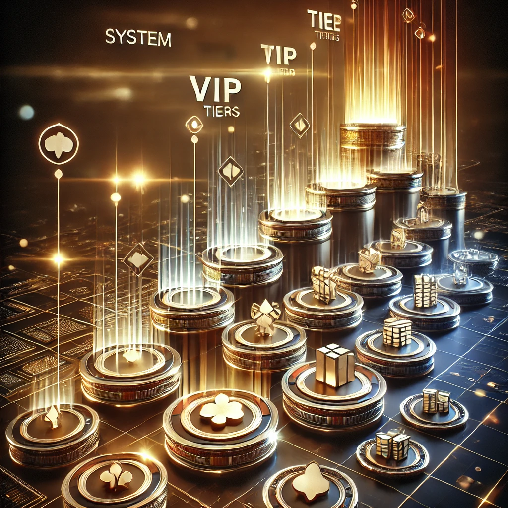 Visual representation of the Damanbet VIP Program showing a tiered system with glowing coins and various icons symbolizing rewards, benefits, and progression through different VIP levels.