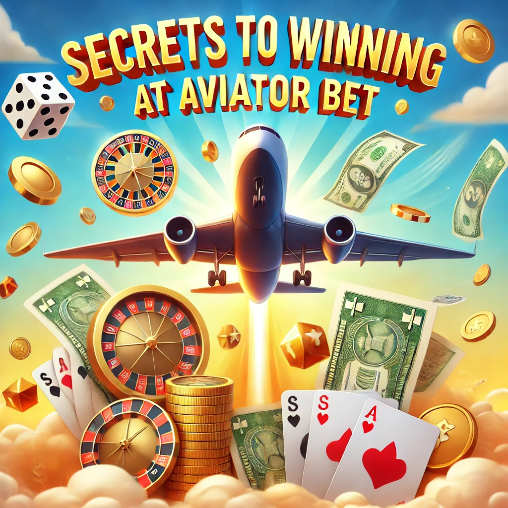 Illustration of an airplane taking off surrounded by money, dice, playing cards, and game graphics, representing "Secrets to Winning at Aviator Bet.