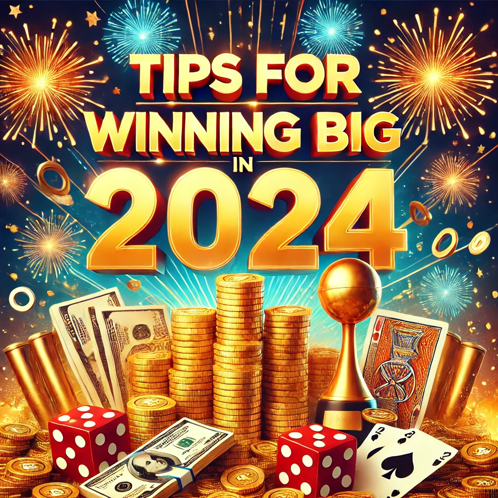 Exciting 2024 tips for winning big in betting, featuring stacks of gold coins, cash, dice, playing cards, and a trophy, surrounded by fireworks—ideal for aviator bet enthusiasts aiming for huge wins.