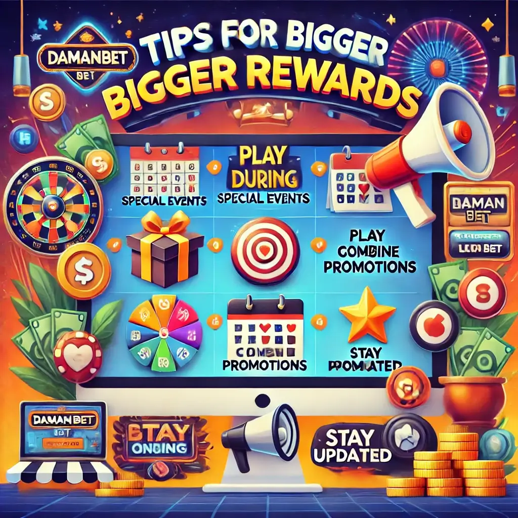 Tips for Bigger Rewards with the Red Pocket on Damanbet – Featuring advice on playing during special events, combining promotions, and staying updated for the best rewards. Includes gaming elements like slot machines, calendars, and coins to highlight excitement and rewards.