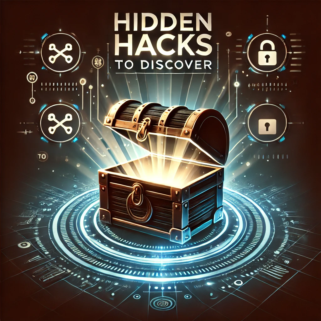 Digital-themed illustration with an open treasure chest emitting light, surrounded by tech icons and a futuristic background. The image symbolizes uncovering hidden hacks and secrets, highlighting OKWIN as a source for discovering valuable tips and tricks