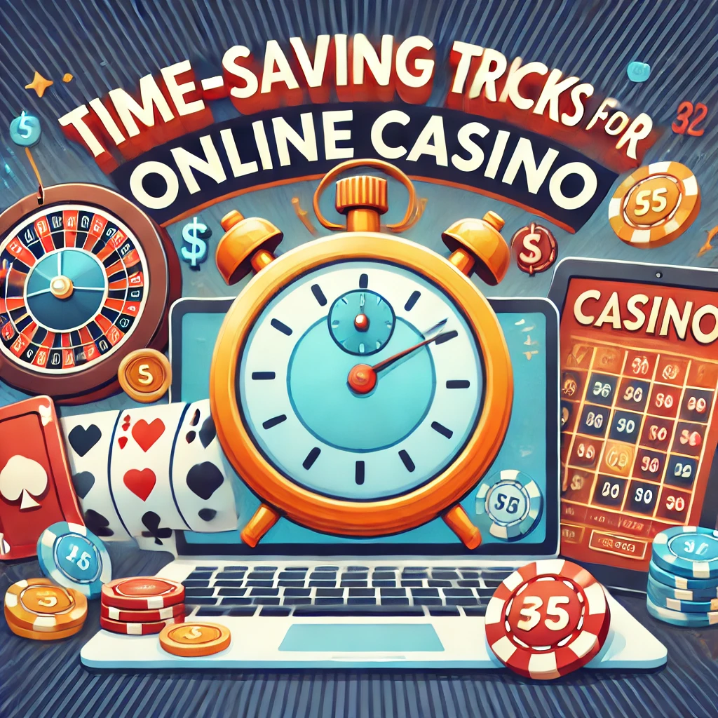 Illustration showing time-saving tricks for online casino gaming, featuring a clock, casino chips, playing cards, and a roulette wheel in a colorful design. The image emphasizes efficiency tips for using OKWIN to make online gambling more convenient and rewarding.