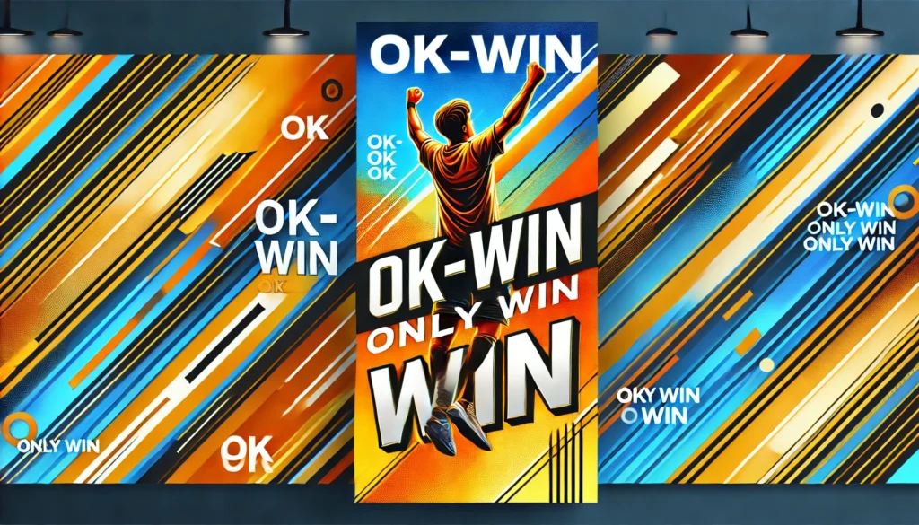 Colorful banner featuring the slogan 'OK-WIN, Only Win,' with a person celebrating victory. The dynamic background in blue, orange, and yellow stripes gives an energetic and winning feel, representing OKWIN Hacks to improve online gaming success.