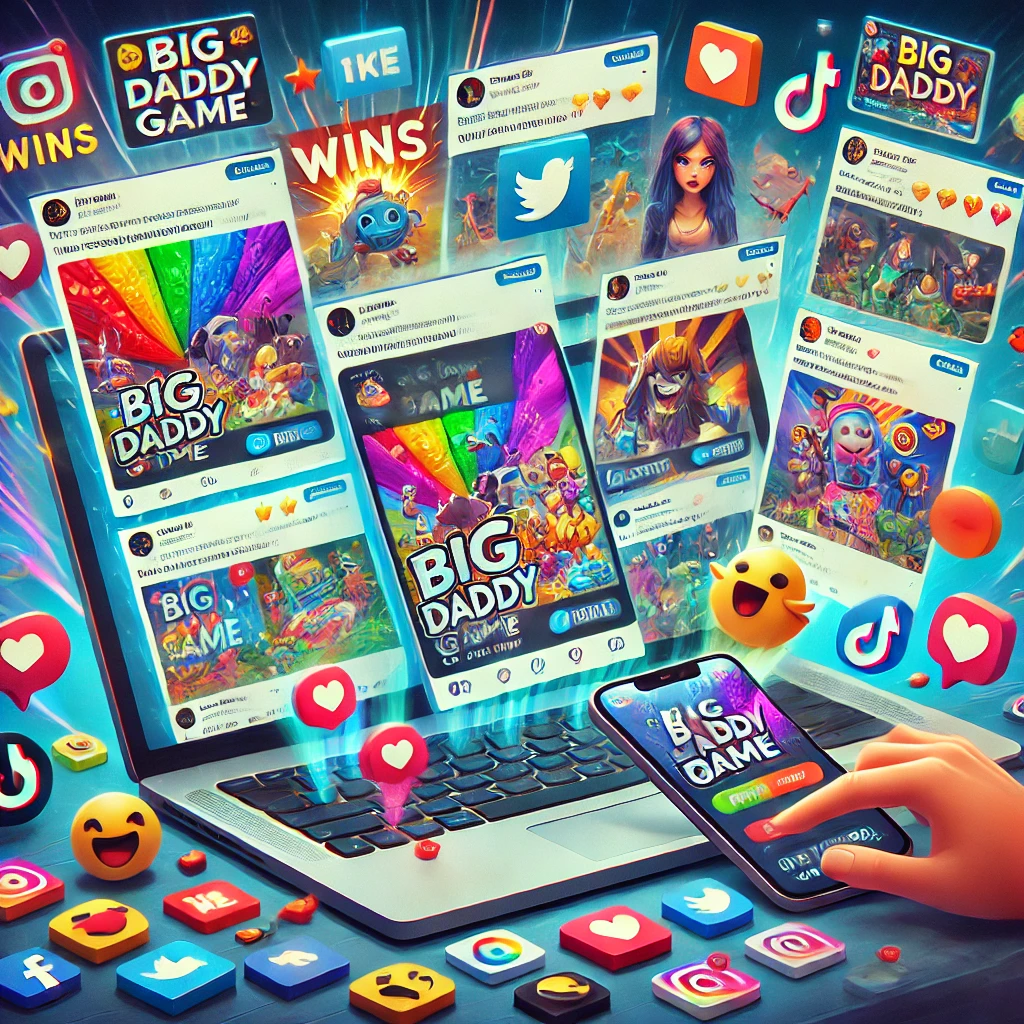 A vibrant digital display showcasing Big Daddy Games on various devices, including a smartphone and laptop. The screen is filled with colorful game scenes, social media icons like Instagram, TikTok, and Twitter, as well as interaction symbols such as likes, comments, and emojis. The visual emphasizes the popularity and excitement surrounding Big Daddy Games across multiple platforms.