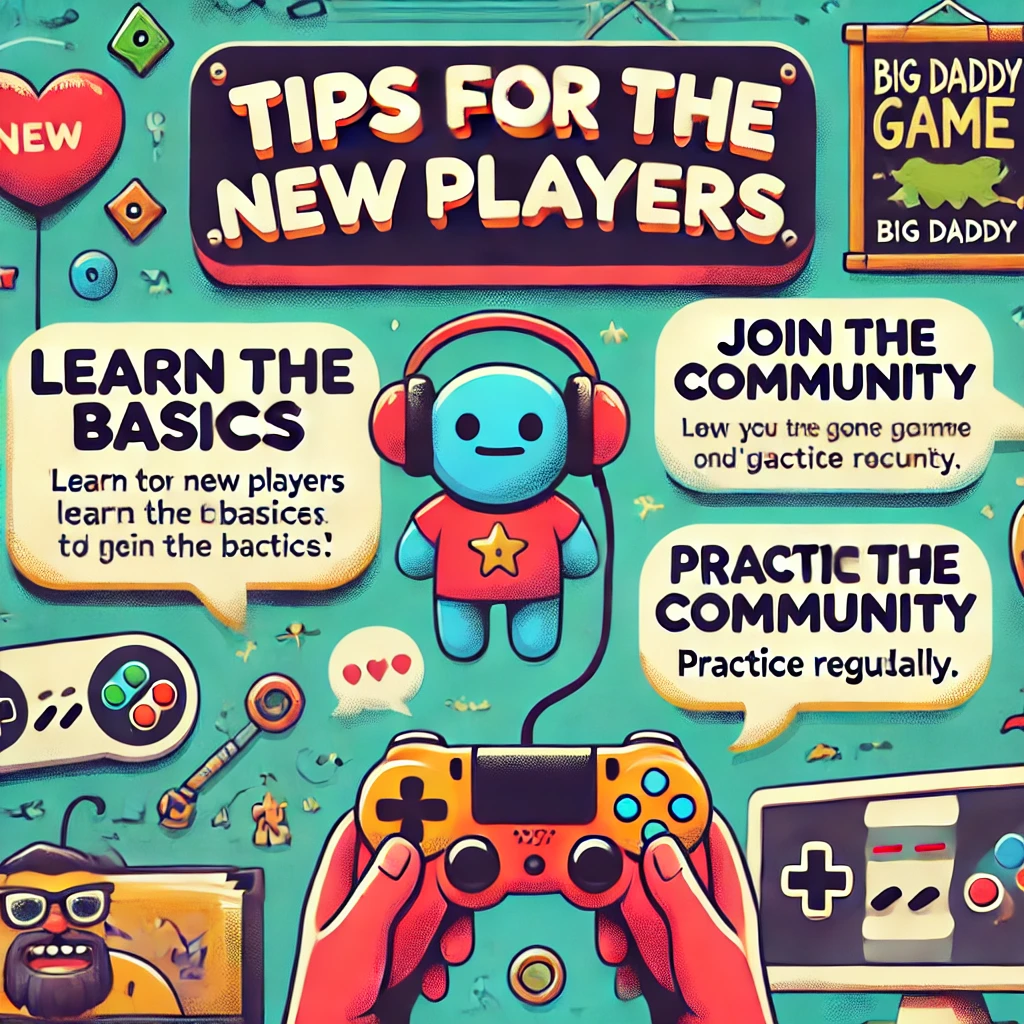 Tips for the New Players poster for Big Daddy Games, featuring colorful graphics of a game controller, a character with headphones, and various gaming elements. The tips include 'Learn the Basics,' 'Join the Community,' and 'Practice Regularly,' encouraging new players to engage with the game. The design highlights a fun, friendly gaming environment.