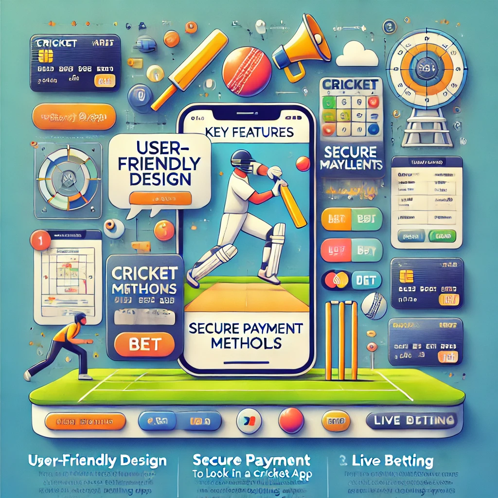 An infographic-style image highlighting the key features of a cricket betting app. It includes elements such as secure payment methods, user-friendly design, live betting options, and various cricket-related icons like bats, balls, and scoreboards. The central focus is a mobile phone showing a cricketer in action, with multiple betting-related icons surrounding it. The image emphasizes essential features for users looking for the best cricket betting app experience.