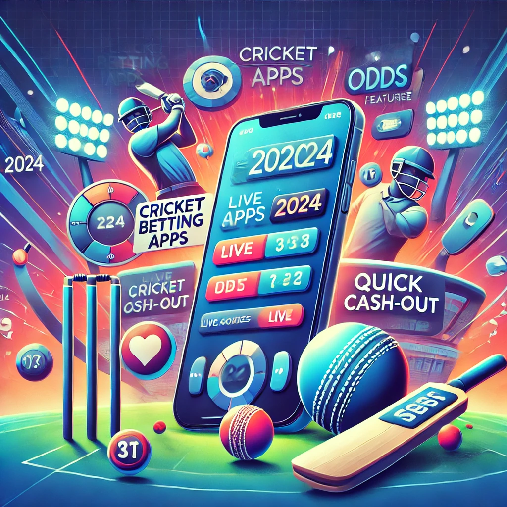 A colorful and dynamic image promoting a cricket betting app, featuring a mobile phone displaying live cricket betting odds, quick cash-out options, and 2024 betting features. The background includes cricket players in action, stadium lights, and betting-related icons like scoreboards and cricket balls. The image emphasizes the app's modern features, making it ideal for cricket fans looking for the best cricket betting app in 2024.