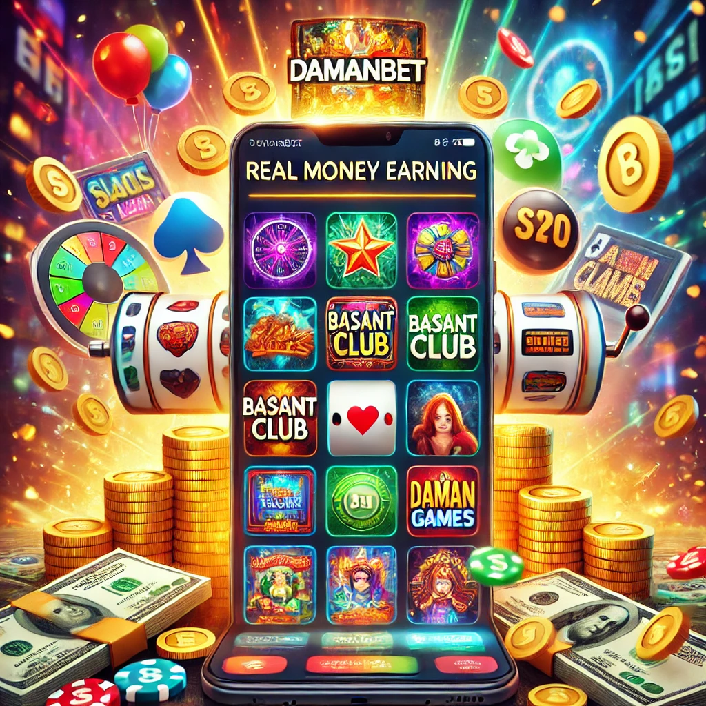 A vibrant display of real money earning games on a smartphone, featuring popular games like Damanbet, Basant Club, and Daman Games. The screen is filled with colorful icons, coins, and slot machines, with cash and game tokens surrounding the scene, emphasizing the potential to win real money through these games.