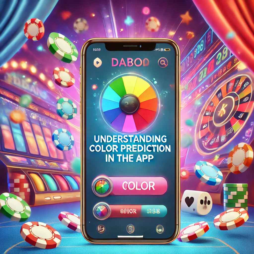 A colorful and engaging image displaying the Daman Betting App on a smartphone, featuring a color prediction wheel. The app interface shows the text 'Understanding Color Prediction in the App' prominently. Surrounding the phone are vibrant casino elements, including various poker chips and a roulette wheel in the background, creating an exciting atmosphere for users of the Daman Betting App.