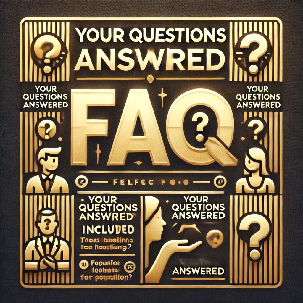 An elegant FAQ image titled 'Your Questions Answered' daman bet login featuring a gold design with various characters and question marks. The image aims to assist users seeking help with Daman Bet login, providing answers to common inquiries.