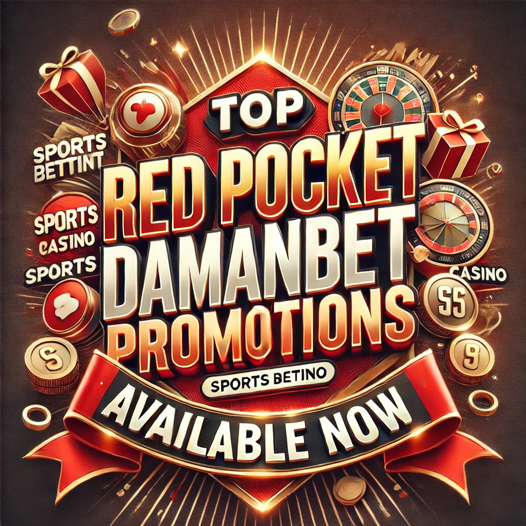 Featured image promoting top Red Pocket Damanbet promotions, displaying a dynamic design with casino elements, gift boxes, coins, and a bold title that reads 'Top Red Pocket Damanbet Promotions Available Now.