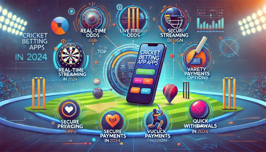 Infographic displaying the Top 7 Features of the Best Cricket Betting Apps in 2024. A smartphone with a modern app interface is surrounded by icons representing essential features, including real-time odds, live streaming, user-friendly design, secure payments, diverse betting options, quick withdrawals, and responsive customer support. The background combines elements of a cricket field and digital technology, emphasizing a futuristic theme for cricket betting apps