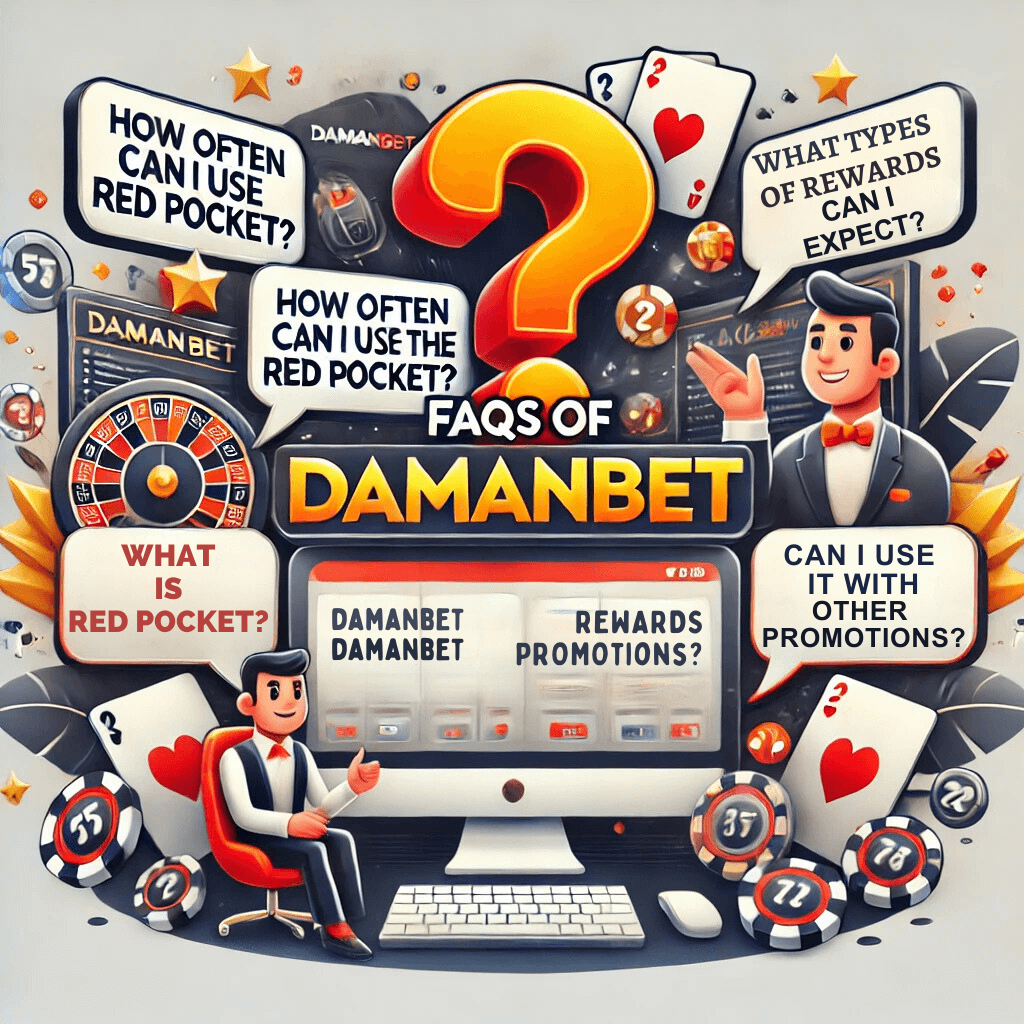 FAQs of Damanbet – Common questions about the red pocket on Damanbet, including how often it can be used, what types of rewards are available, and whether it can be combined with other promotions. Features visual elements like question marks, gaming icons, and playing cards to enhance the gaming theme.