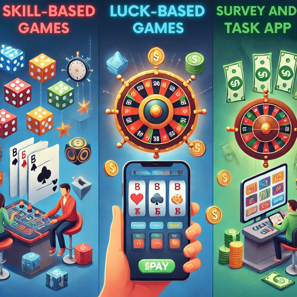 An illustration showing three types of real money earning games. On the left, skill-based games with players at a card table and dice symbols. In the center, luck-based games with a roulette wheel and a phone showing a slot machine. On the right, survey and task apps with a person completing tasks on a computer, surrounded by money symbols. These represent different ways to earn money through games.