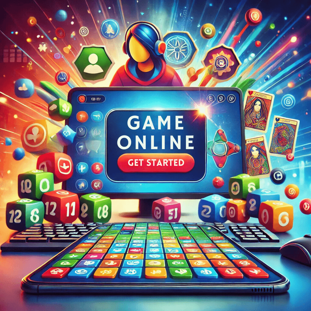 Colorful and dynamic illustration of Basant Game Online, featuring a computer screen with a 'Game Online: Get Started' button. Surrounding the screen are vibrant dice, game pieces, cards, and icons, representing the excitement of playing Basant Game online. The image highlights the interactive and fun experience of starting the Basant Game in an online casino environment.