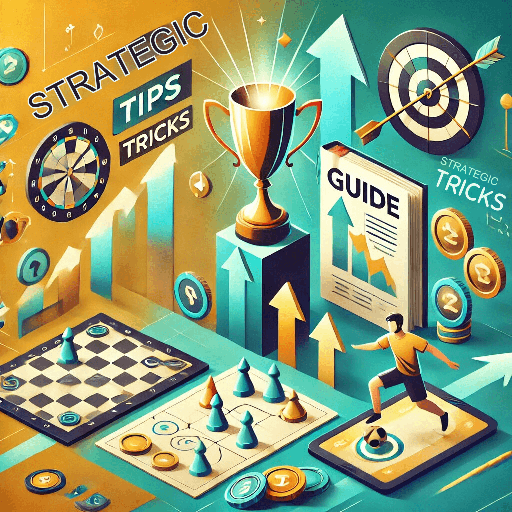 Illustration depicting strategic tips and tricks for Basant game online, featuring icons like a trophy, game boards, and a guide for winning strategies.