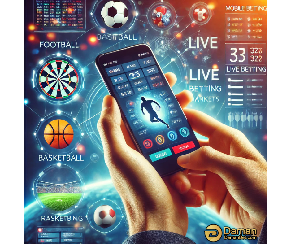 A mobile sports betting interface showcasing live betting options for football, basketball, darts, and other sports, with real-time updates on various markets. The design focuses on easy access and smooth navigation through a modern app. Pros and cons include: a convenient mobile interface, live betting options, and support for multiple sports, but the absence of cryptocurrency payment options may limit user convenience.