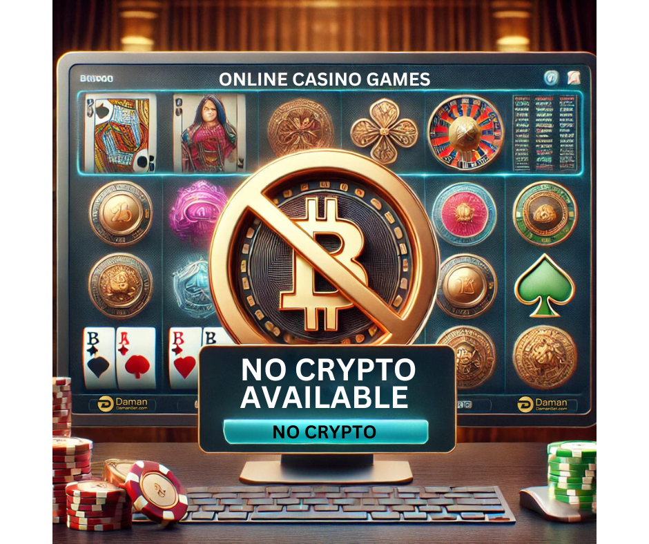 An online casino interface featuring traditional games like slots and poker, prominently displaying a crossed-out Bitcoin symbol to signify 'No Crypto Available.' The design emphasizes the absence of cryptocurrency payment options for users. Pros and cons include: a sleek, user-friendly interface with popular casino games, but the lack of cryptocurrency payment methods may limit options and frustrate crypto enthusiasts