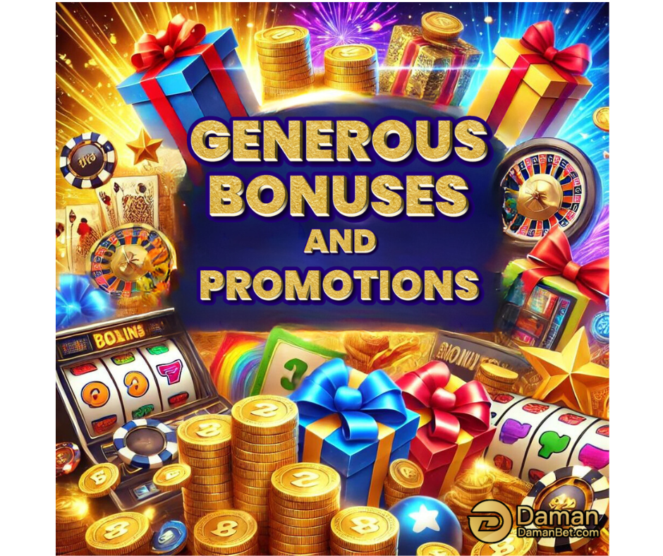 Damanbet promotional image featuring generous bonuses and promotions with gift boxes, stacks of coins, slot machines, and roulette wheels, highlighting exciting rewards on the platform.