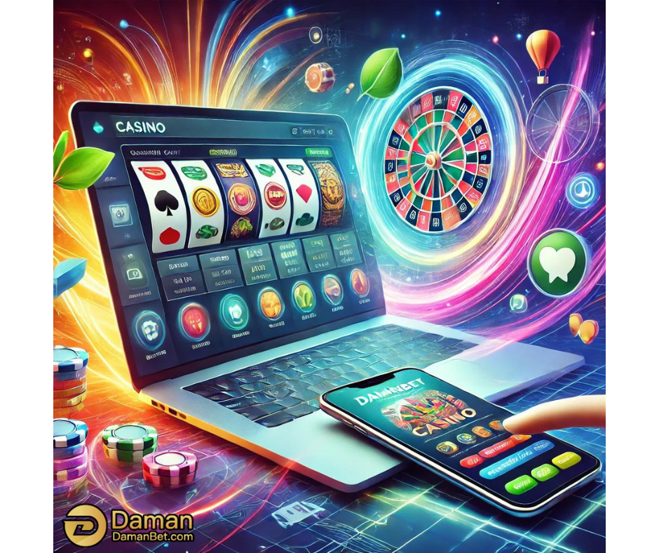 Damanbet online platform showcasing a user-friendly interface on both a laptop and smartphone, highlighting mobile compatibility with vibrant casino game icons, roulette wheel, and betting options