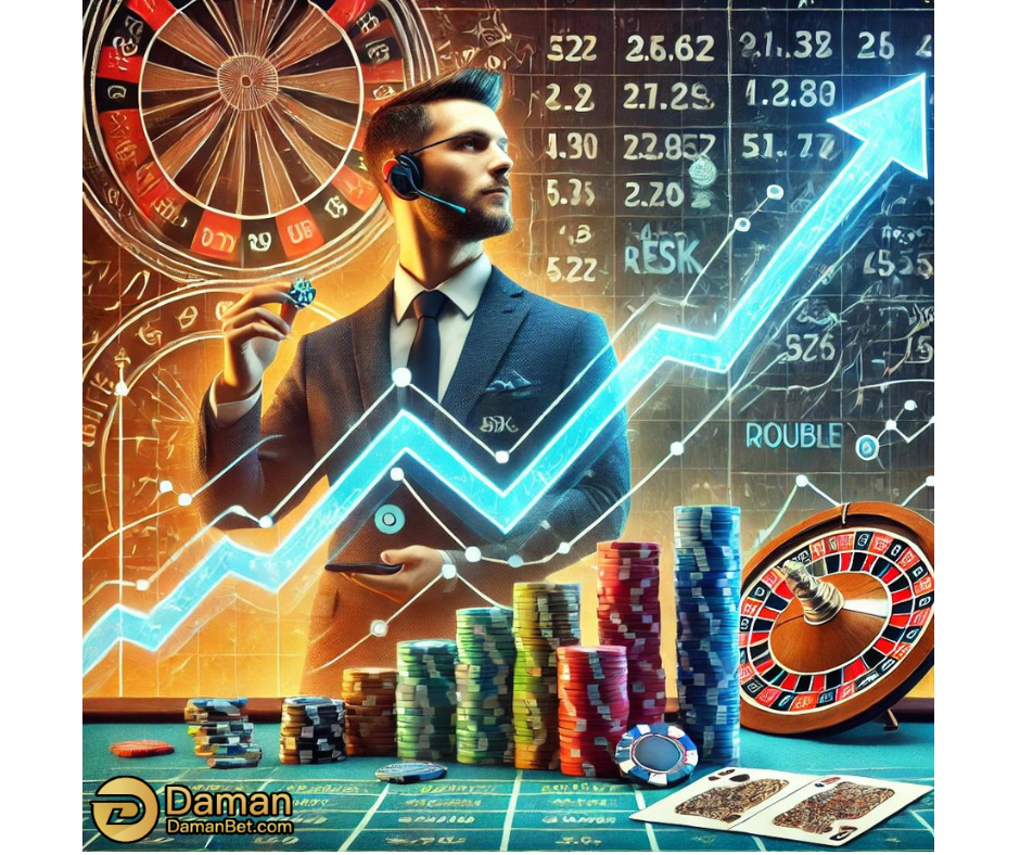 A person in a suit stands confidently at a betting table with a smartphone and colorful stacks of chips. A rising graph line and roulette wheel are displayed in the background, symbolizing financial strategy and betting. The scene evokes the risk-reward dynamic of strategies like the Martingale in games such as Aviator.