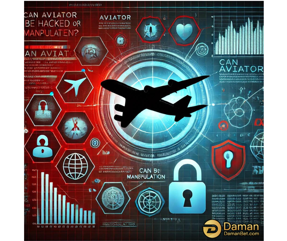 Aviator game concept image depicting the potential for hacking or manipulation. The artwork features a silhouette of an airplane against a futuristic background filled with security icons, data graphs, and digital elements, emphasizing the theme of risk in online gambling.