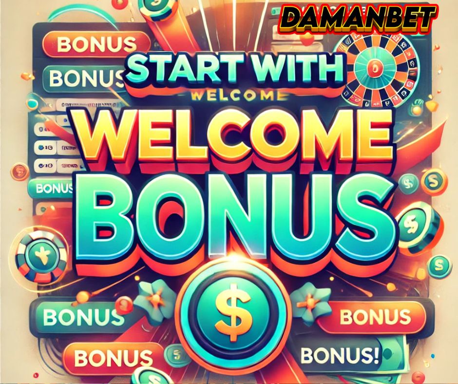 Colorful graphic promoting DamanBet bonuses with bold text stating 'Start with Welcome Bonus' and vibrant elements representing online betting rewards.