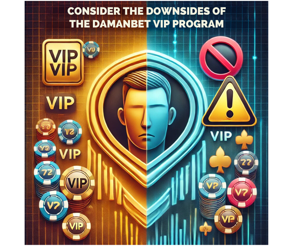  a split design representing both the positive and negative aspects of the "Damanbet VIP Program." On the left, vibrant gold tones with multiple VIP badges and poker chips symbolize the rewards, higher tiers, and exclusive benefits of the program. On the right, blue tones with caution symbols, such as a warning sign and a prohibition icon, highlight potential downsides or risks. The central figure's face is divided between satisfaction and concern, indicating the balance between advantages and potential drawbacks.