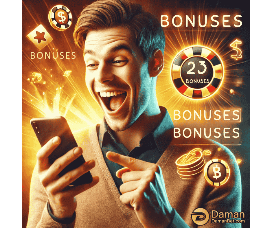 A man excitedly looks at his smartphone with bright, vibrant visuals in the background featuring icons of coins, a casino chip, and gift boxes. The text around him highlights the word "Bonuses" multiple times, and there is a glowing casino chip displaying "23 bonuses." At the bottom right is the DamanBet logo with the website URL "DamanBet.com," emphasizing the focus on bonuses available through the DamanBet app.