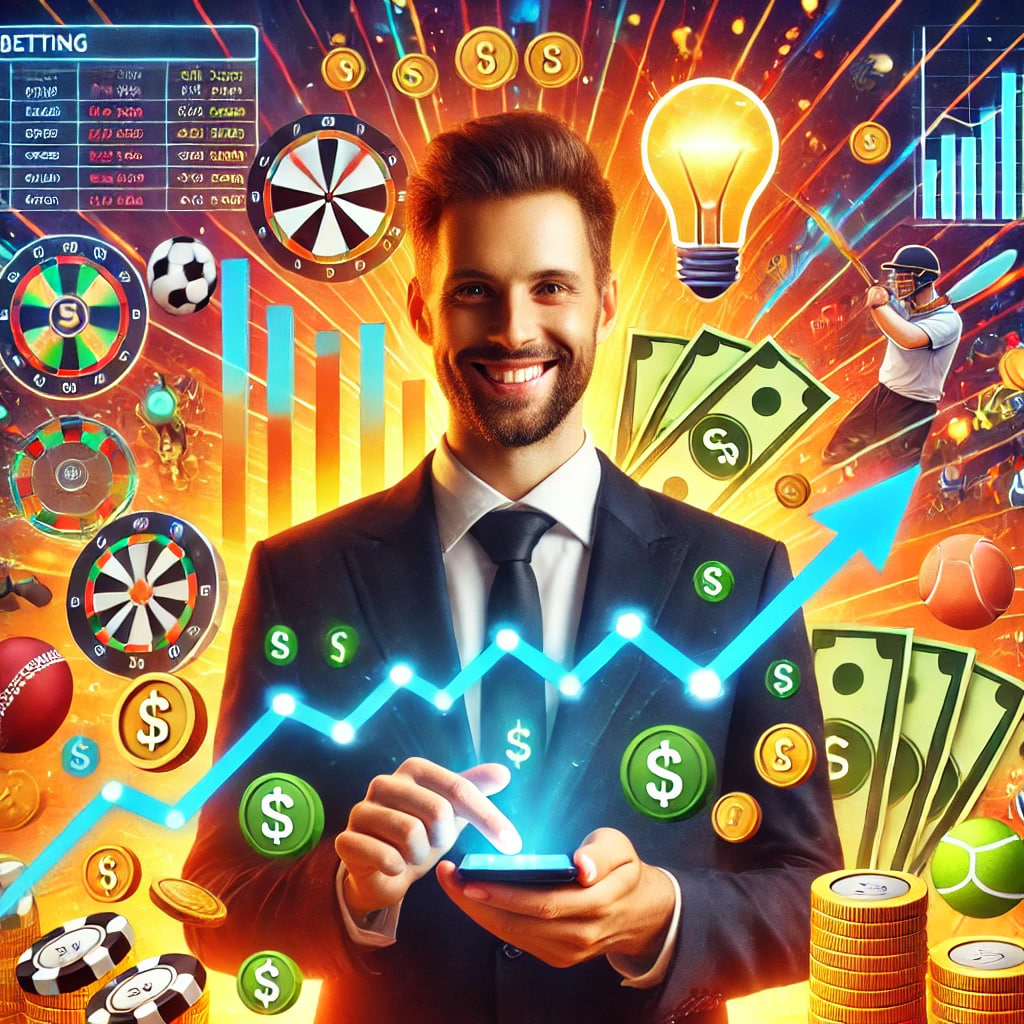 A smiling man in a suit using a smartphone, surrounded by vibrant symbols of damanbet markets including sports icons like football, cricket, and darts, as well as casino chips, dollar signs, and upward-trending financial graphs.