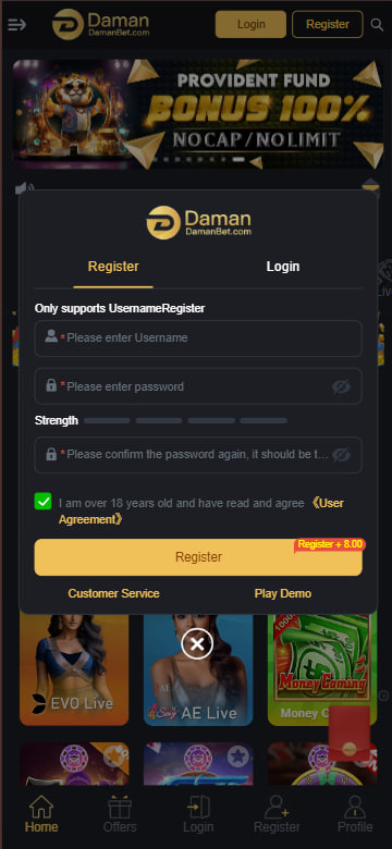 Damanbet register screen featuring username and password fields, account creation options, and quick access to live games and customer support