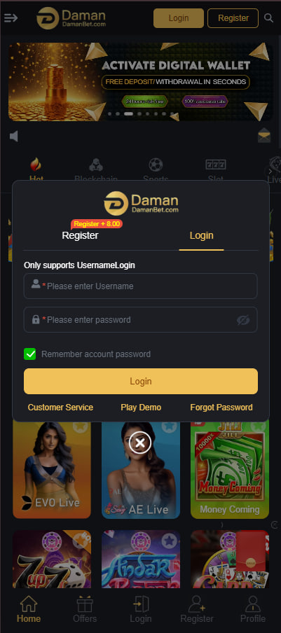 Damanbet log in screen displaying username and password fields, register options, and access to live games and customer support.